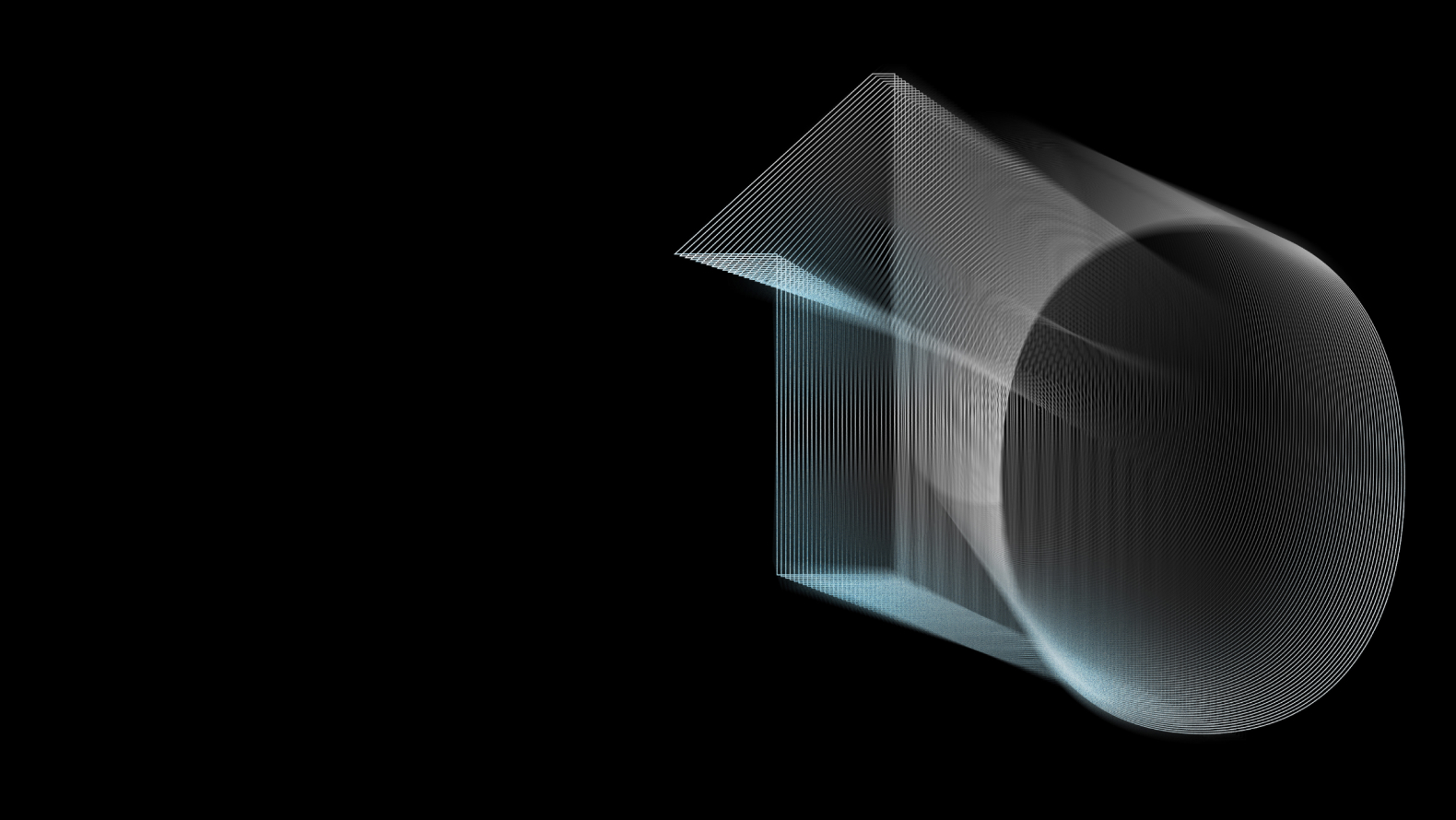 Translucent geometric mesh and spherical form rendered in pale cyan lines against a black background.